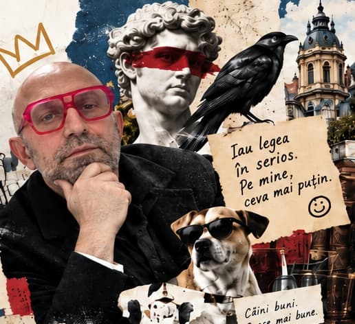 Alexandru Dumitrescu, cu ochelari roșii și mâna la bărbie, într-un colaj BY THE LAW: o coroană desenată, o statuie cu o bandă roșie peste ochi, un corb, un câine cu ochelari de soare și biletul „Iau legea în serios. Pe mine, ceva mai puțin.”